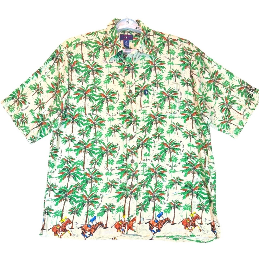 US Polo Assn Palm Tree Print Button Up Shirt Mens Medium Short Sleeve Horses